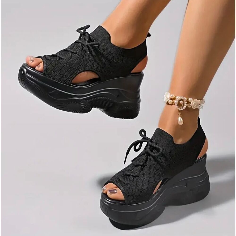 NWT Comfy 7.5 / 8 Black Elastic Open Toe High Platform Wedge Slingback Sandals - Picture 2 of 5